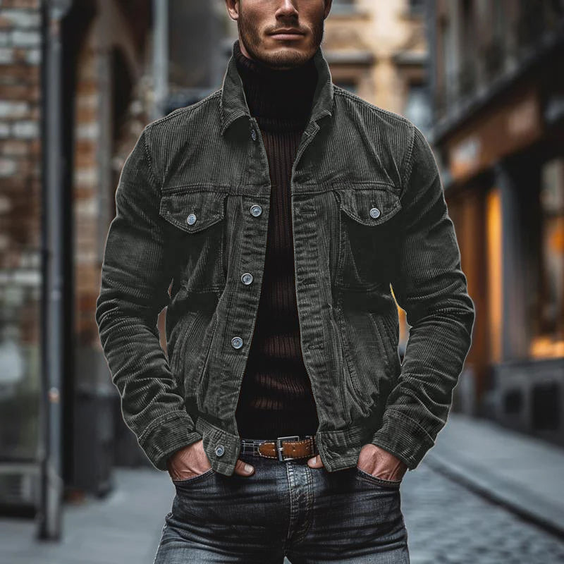 Men's jacket – Structured cut – Soft ribbed texture – Notched collar – Flap pockets