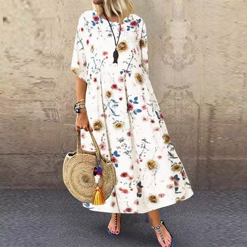 Women's long dress – Flowing cut – Floral pattern – Short sleeves – Breathable fabric
