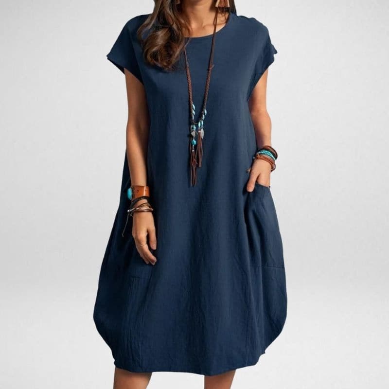 Women's long dress – Loose fit – Breathable fabric – Short sleeves with pockets