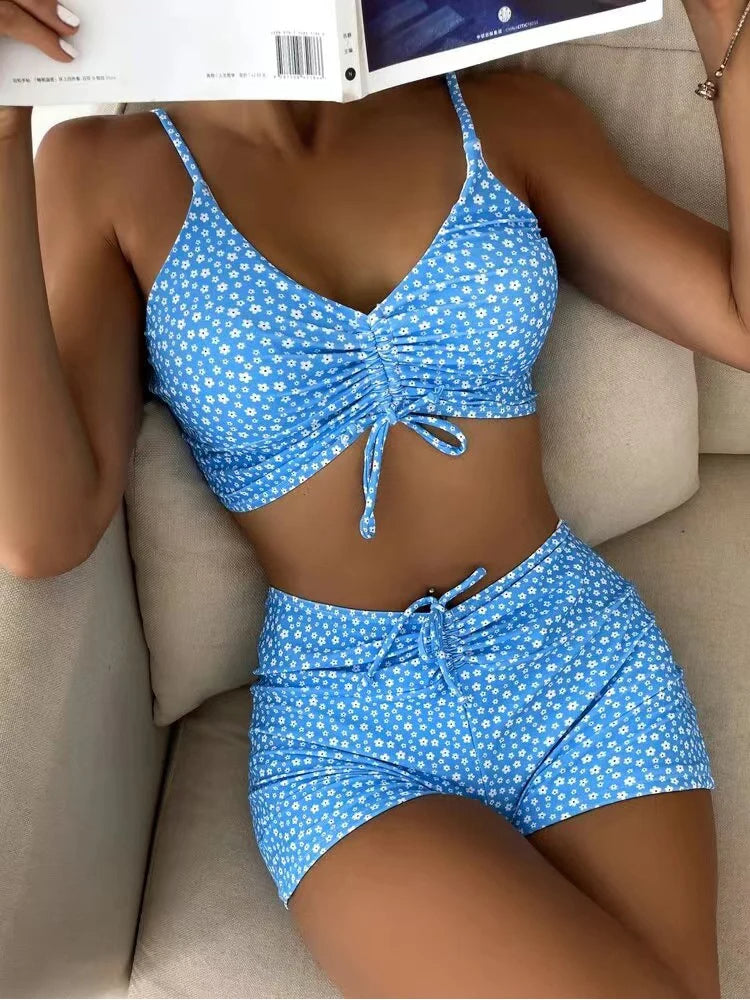 Women's bikini set – Ruched bralette with thin straps – High waist – Breathable stretch fabric