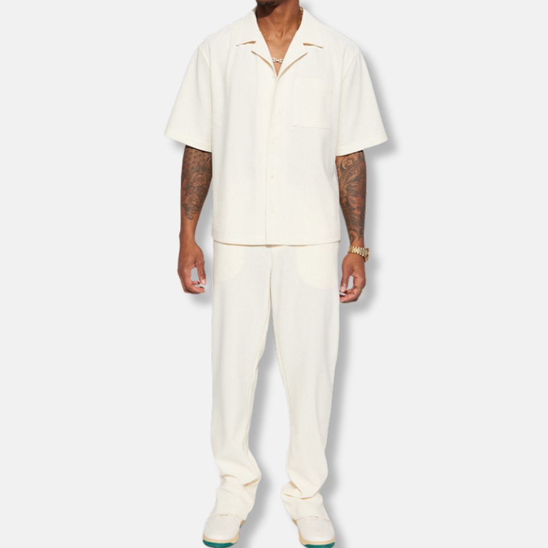 Men's casual set – Loose fit – Short-sleeve collared shirt – Long pants – Breathable fabric