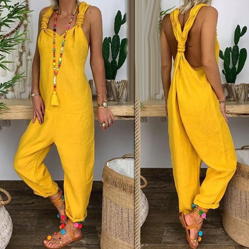 Women's jumpsuit – Loose fit – Natural fibers – Backless – Tied straps