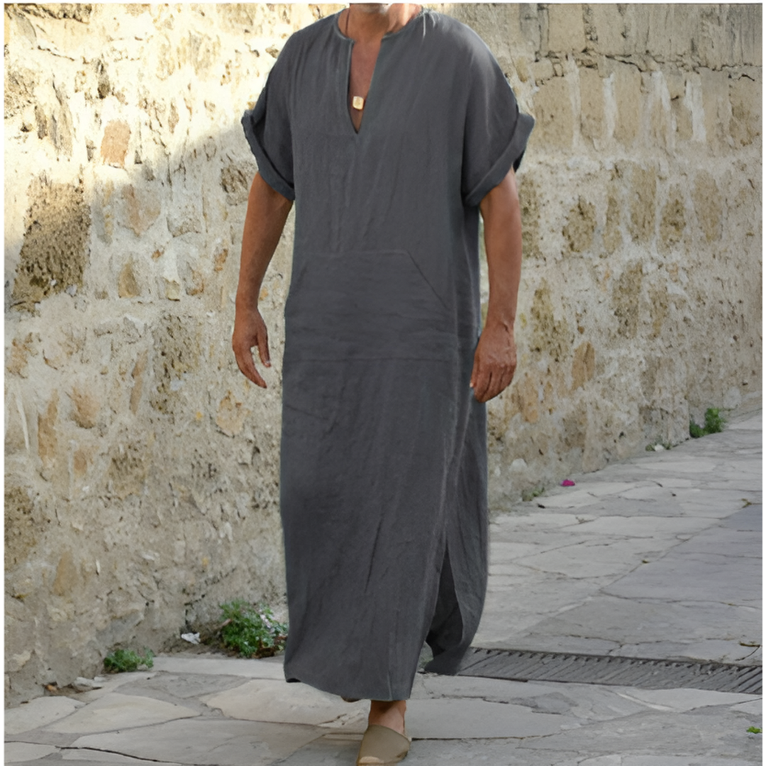 Men's long shirt dress – Loose fit – Breathable fabric – V-neck – Short sleeves