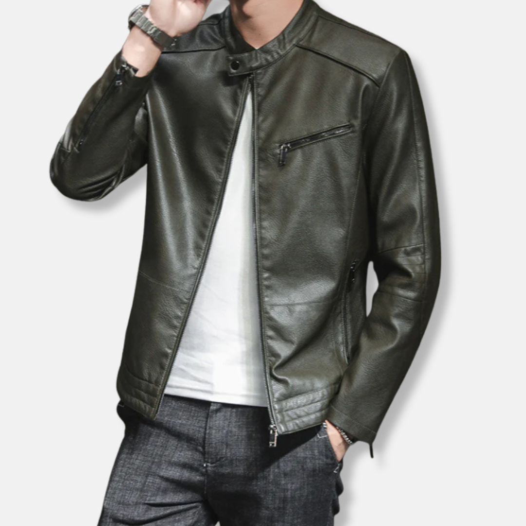 Men's biker jacket – Slim fitted cut – Stand collar – Zipped closure – Casual style