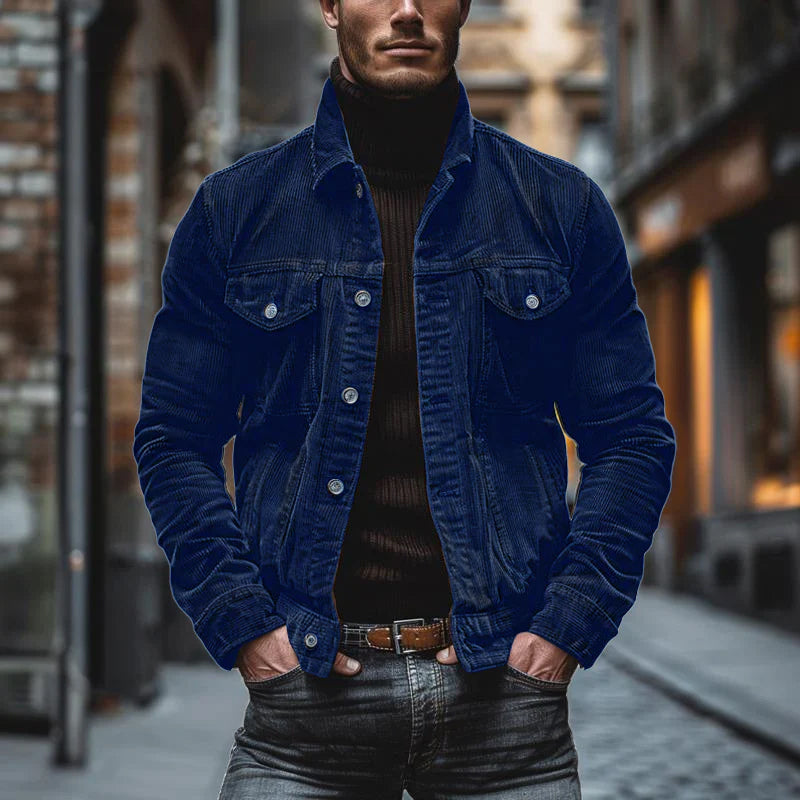 Men's jacket – Structured cut – Soft ribbed texture – Notched collar – Flap pockets