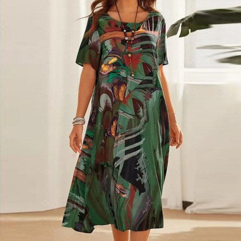 Women's midi dress – Loose fit – Breathable fabric – Short sleeves – Abstract print
