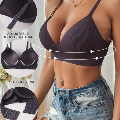 Women's push-up bra – Slim cut – Plunging neckline – Ribbed texture – Seamless finish