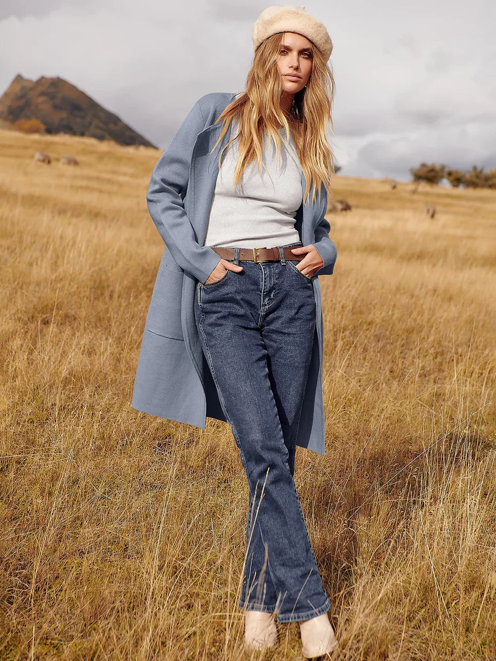 Manteau femme mi-long – Laine mélangée – Coupe droite – Col large – Style épuré