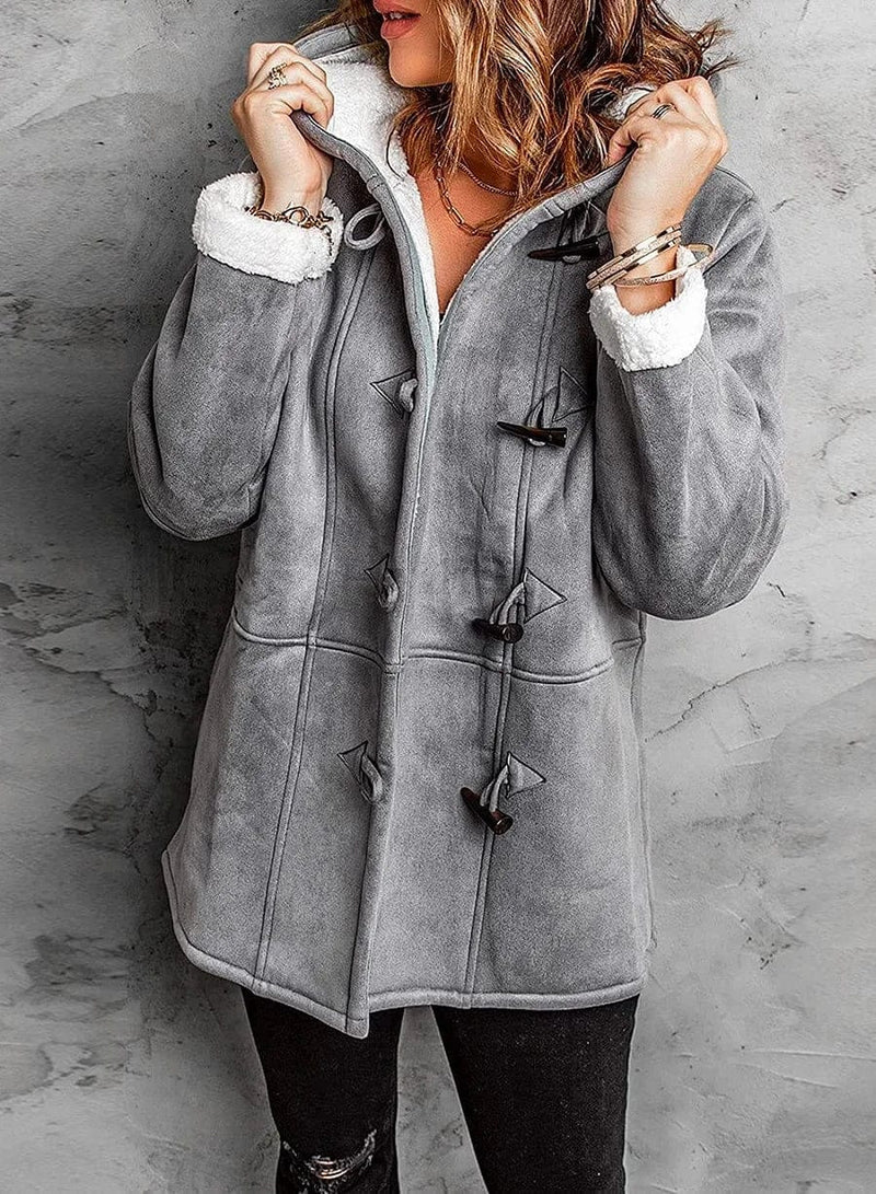 Veste polaire femme – Coupe décontractée – Capuche – Boutons brandebourg – Longueur mi-cuisse