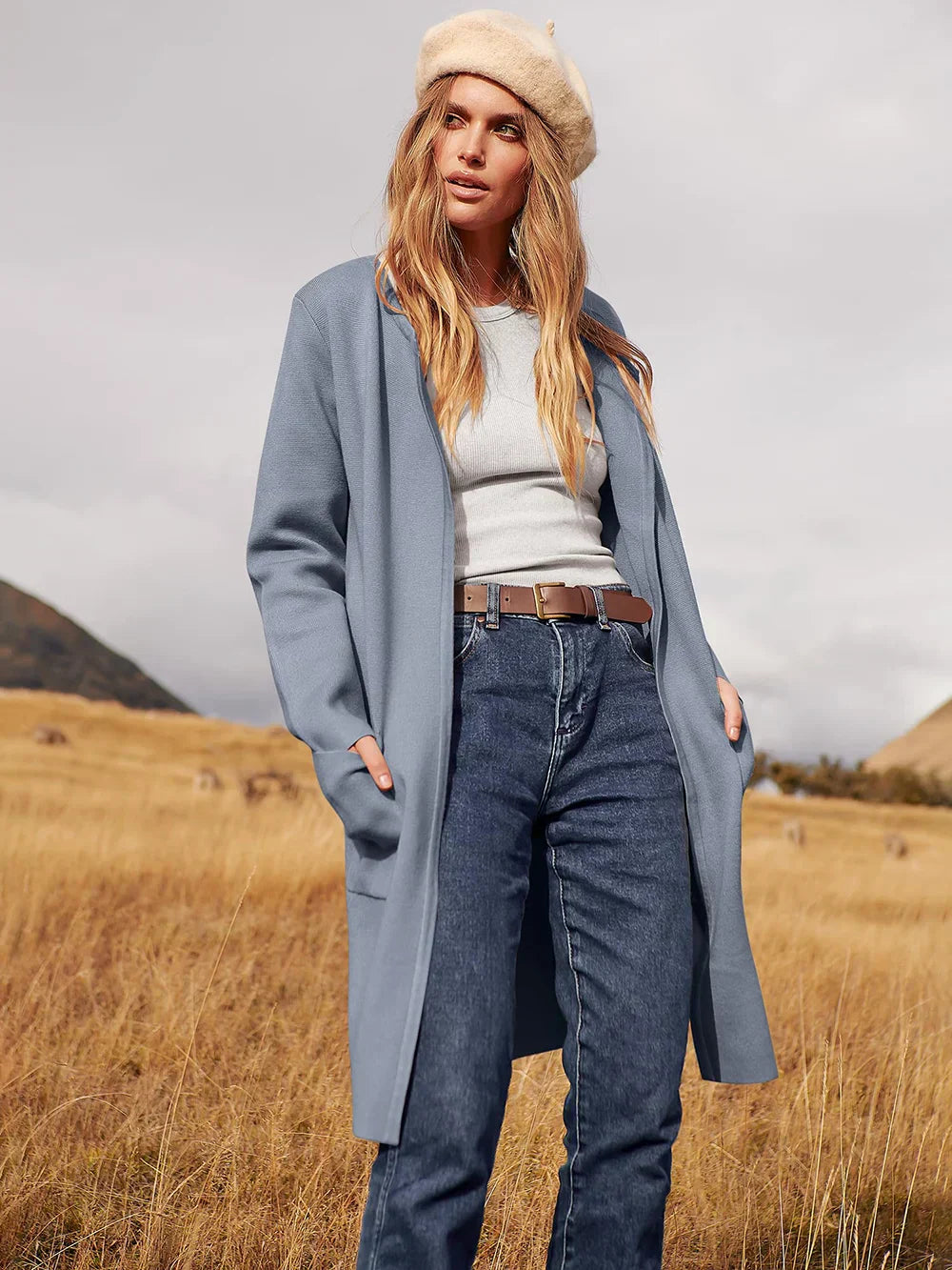 Manteau femme mi-long – Laine mélangée – Coupe droite – Col large – Style épuré