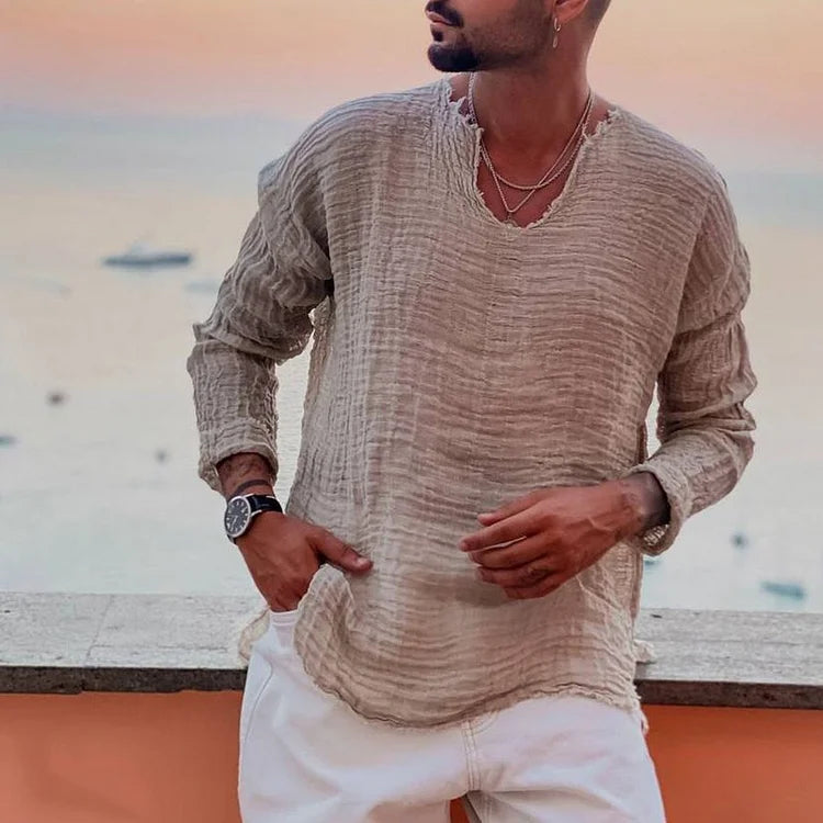Men's V-neck shirt – Long sleeves – Relaxed fit – Breathable crinkled fabric