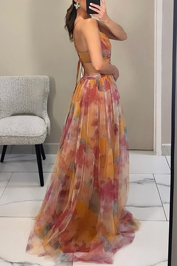 Robe longue femme – Décolleté cœur – Bretelles fines – Jupe fluide à volants