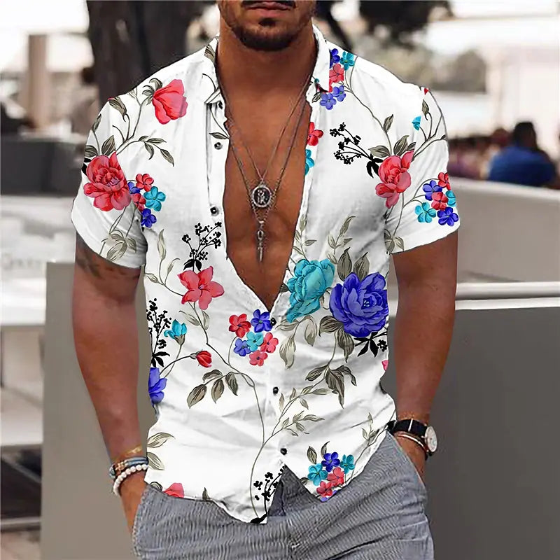 Chemise homme manches courtes – Coupe slim – Tissu respirant – Imprimé floral – Col V