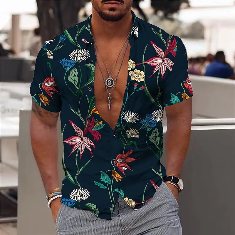 Chemise homme manches courtes – Coupe slim – Tissu respirant – Imprimé floral – Col V