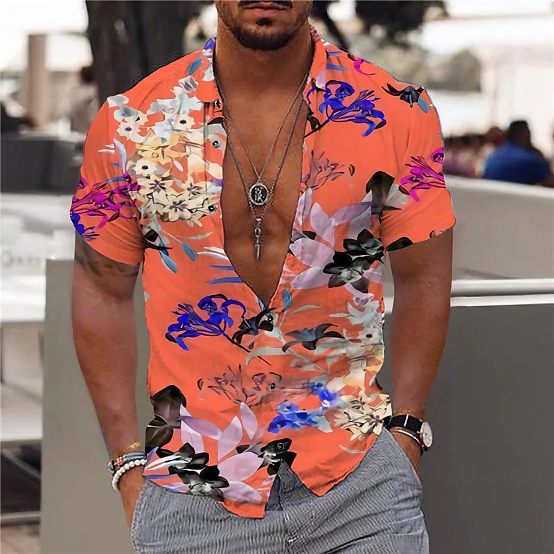Chemise homme manches courtes – Coupe slim – Tissu respirant – Imprimé floral – Col V