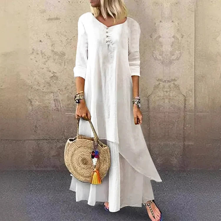 Women's Midi Dress – Loose Fit – Natural Fibers – 3/4 Sleeves – Asymmetrical Skirt