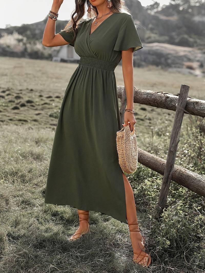 Women's midi dress – Flared fluid cut – Short sleeves – Wrap neckline