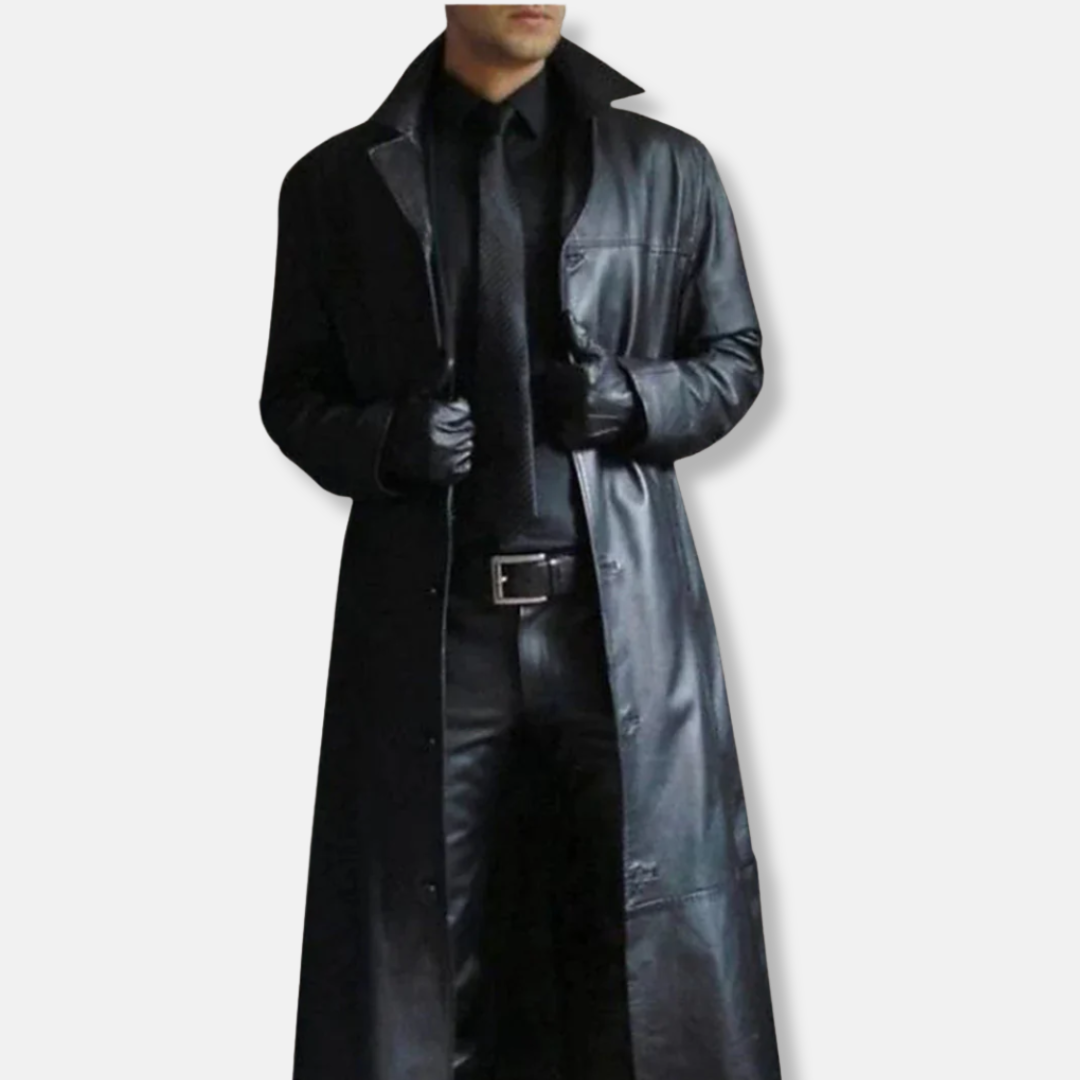 Men's long coat – Fitted cut – Smooth leather feel – Wide dress collar