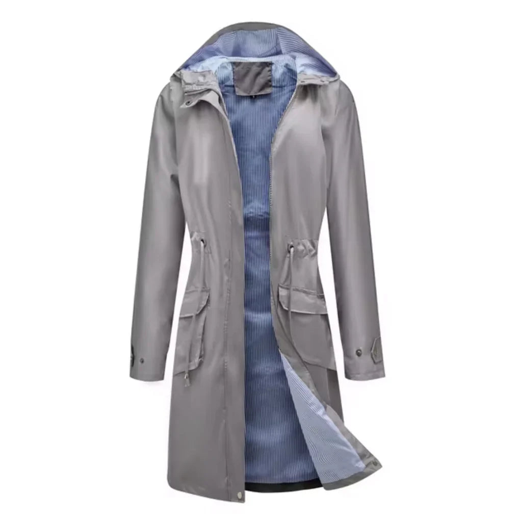 Women's long jacket – relaxed fit – water-repellent – adjustable waist – hood
