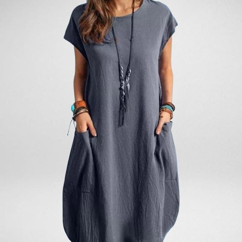 Women's long dress – Loose fit – Breathable fabric – Short sleeves with pockets