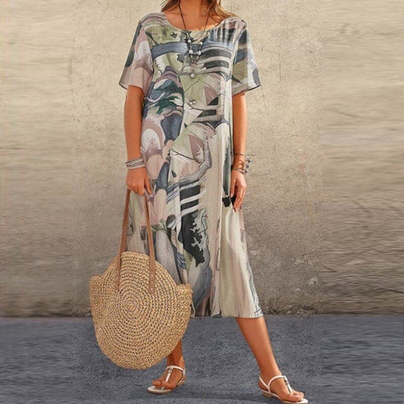 Women's midi dress – Loose fit – Breathable fabric – Short sleeves – Abstract print