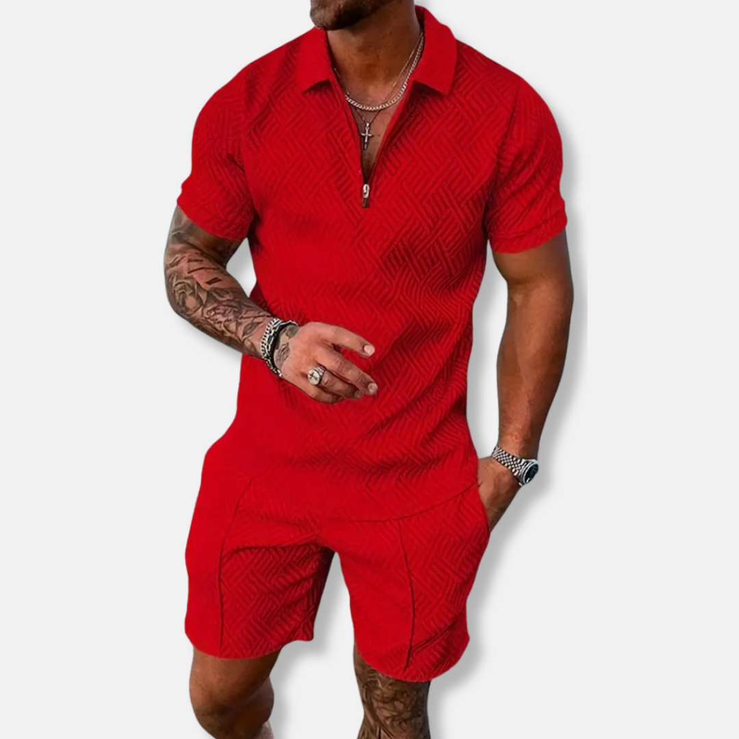 Men's Polo and Short Set – Slim Fit – Breathable Fabric – Zippered Closure – Contrasting Finish
