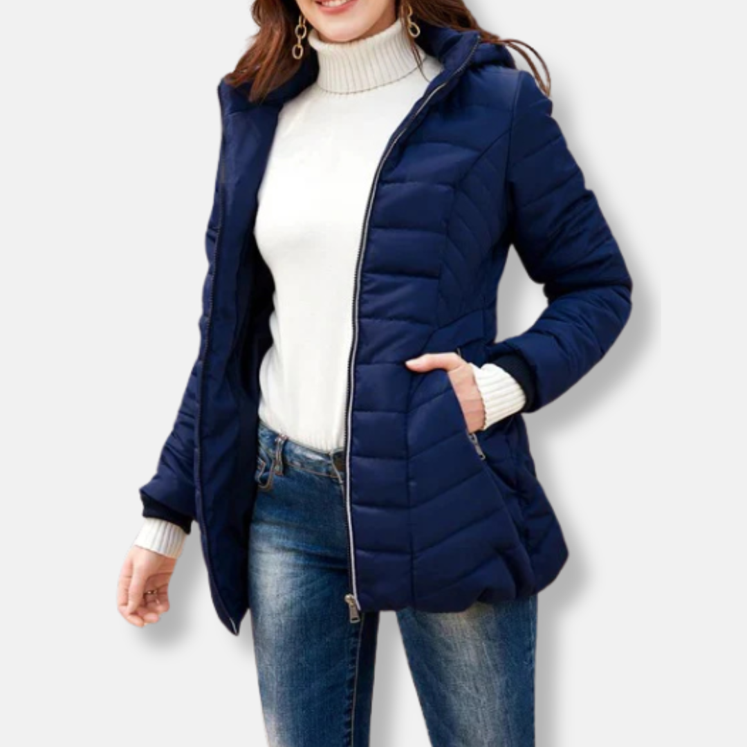 Women's Coat - Woven Fabric - Slim Fit - Mid-Thigh Length - Hooded Collar - Ribbed Cuffs