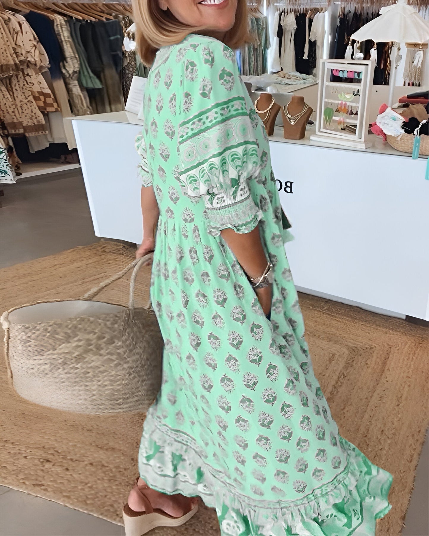 Women's long dress – Natural fibers – Fluid cut – Bohemian floral pattern – V-neck
