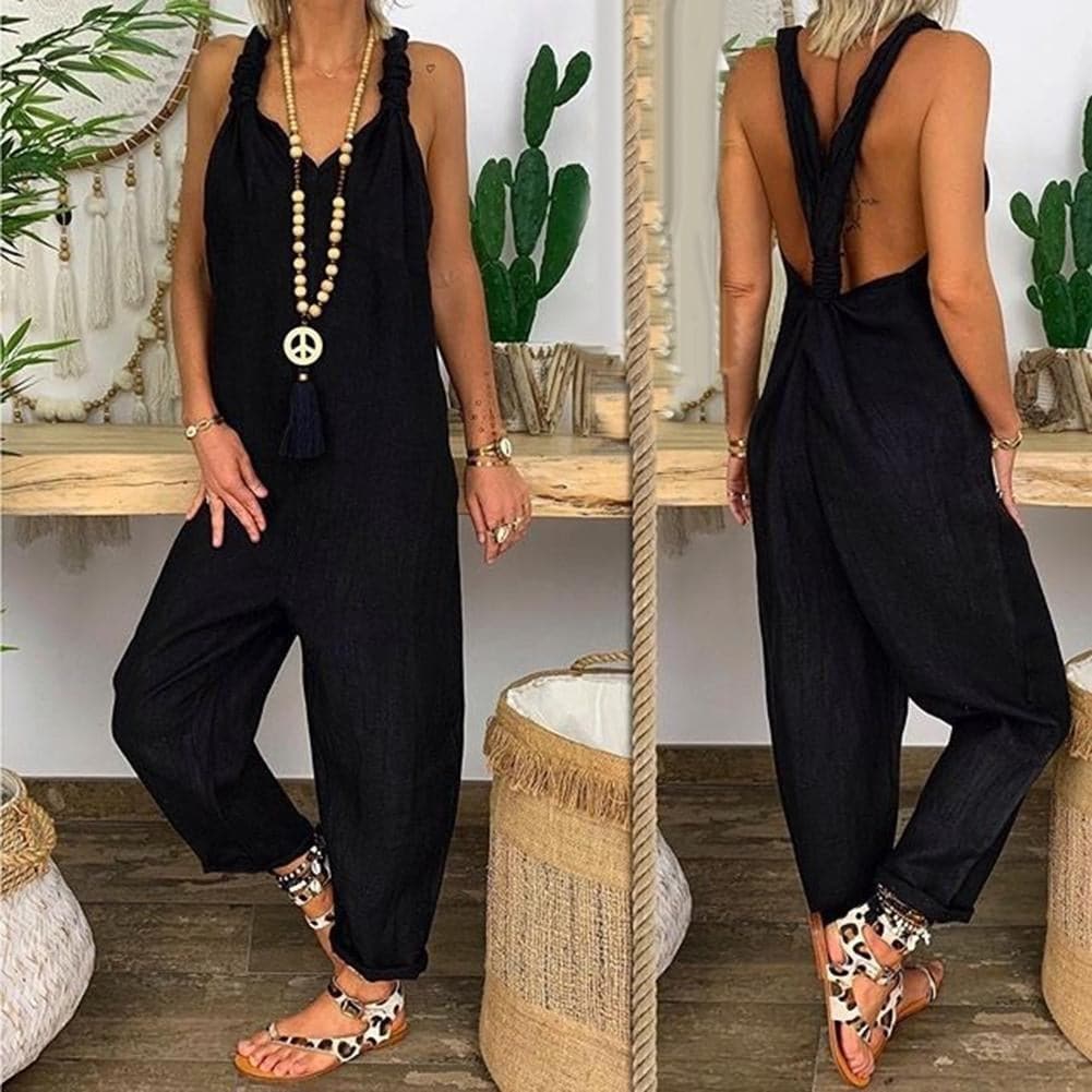 Women's jumpsuit – Loose fit – Natural fibers – Backless – Tied straps