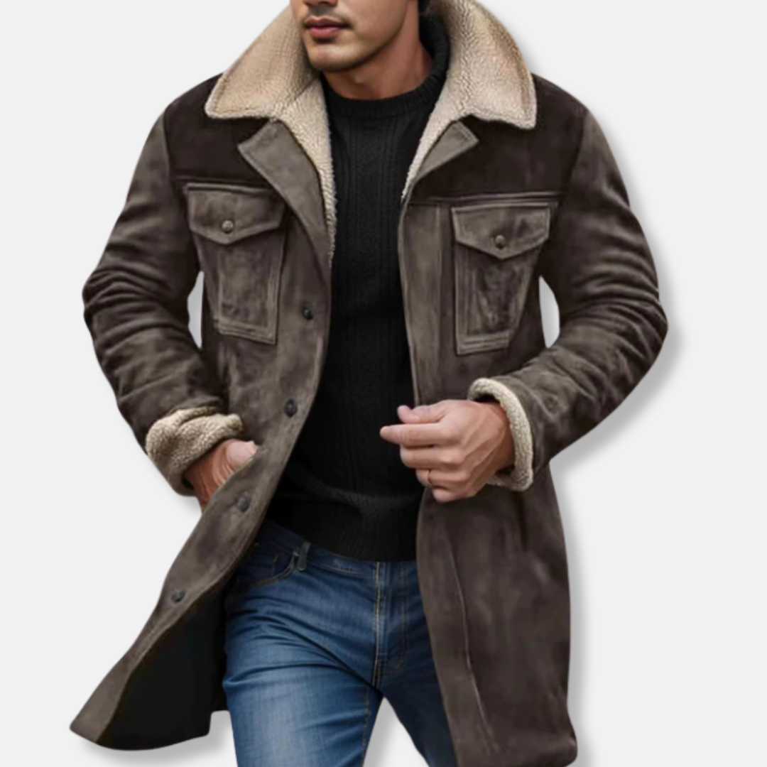 Men Trench-Coat - Woven Suede - Notched Lapel Collar - Mid-Thigh Length