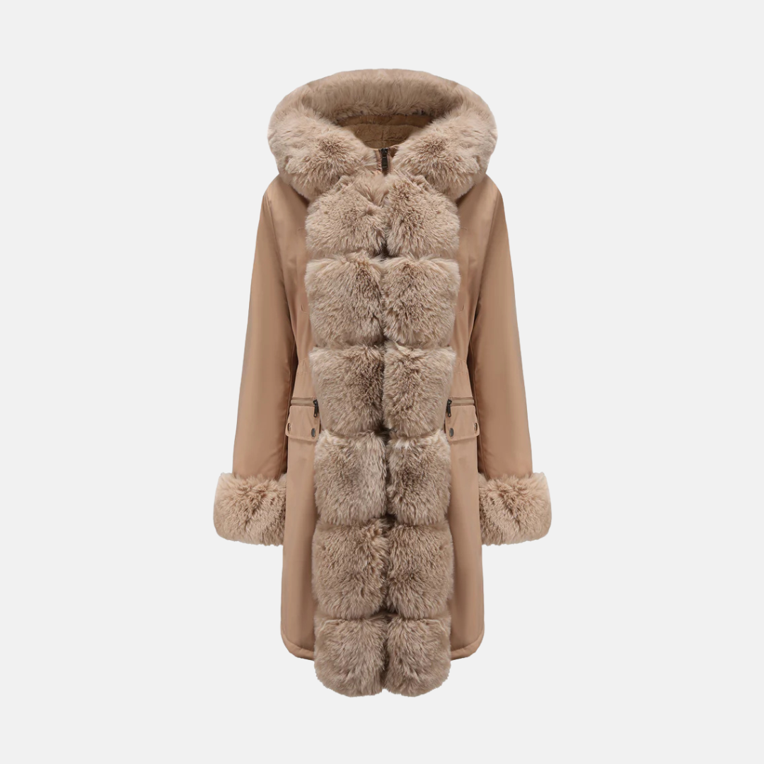 Women's Long Coat - Woven Fabric - Fur Hood - Straight Cut