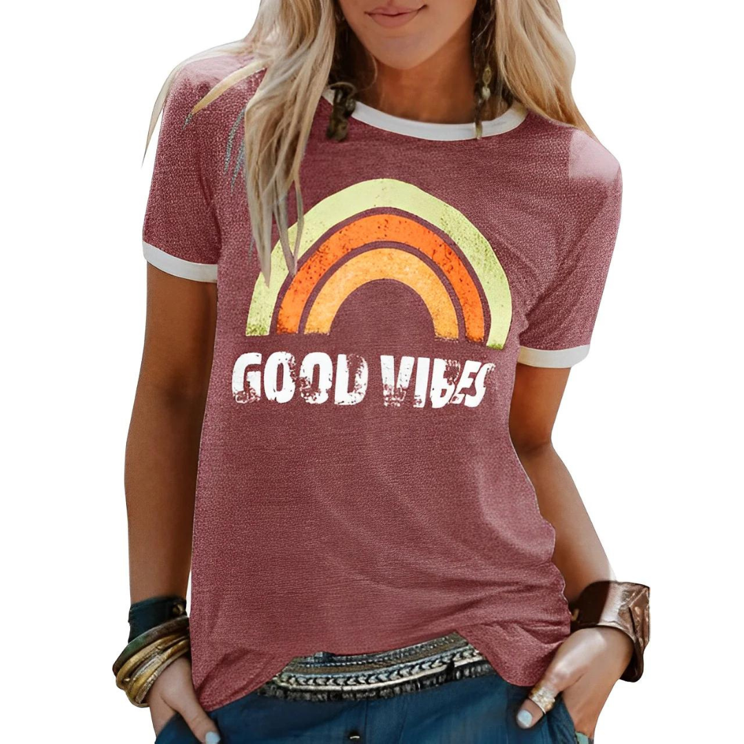 T-shirt femme – Coupe classique – Maille douce – Col rond – Imprimé graphique