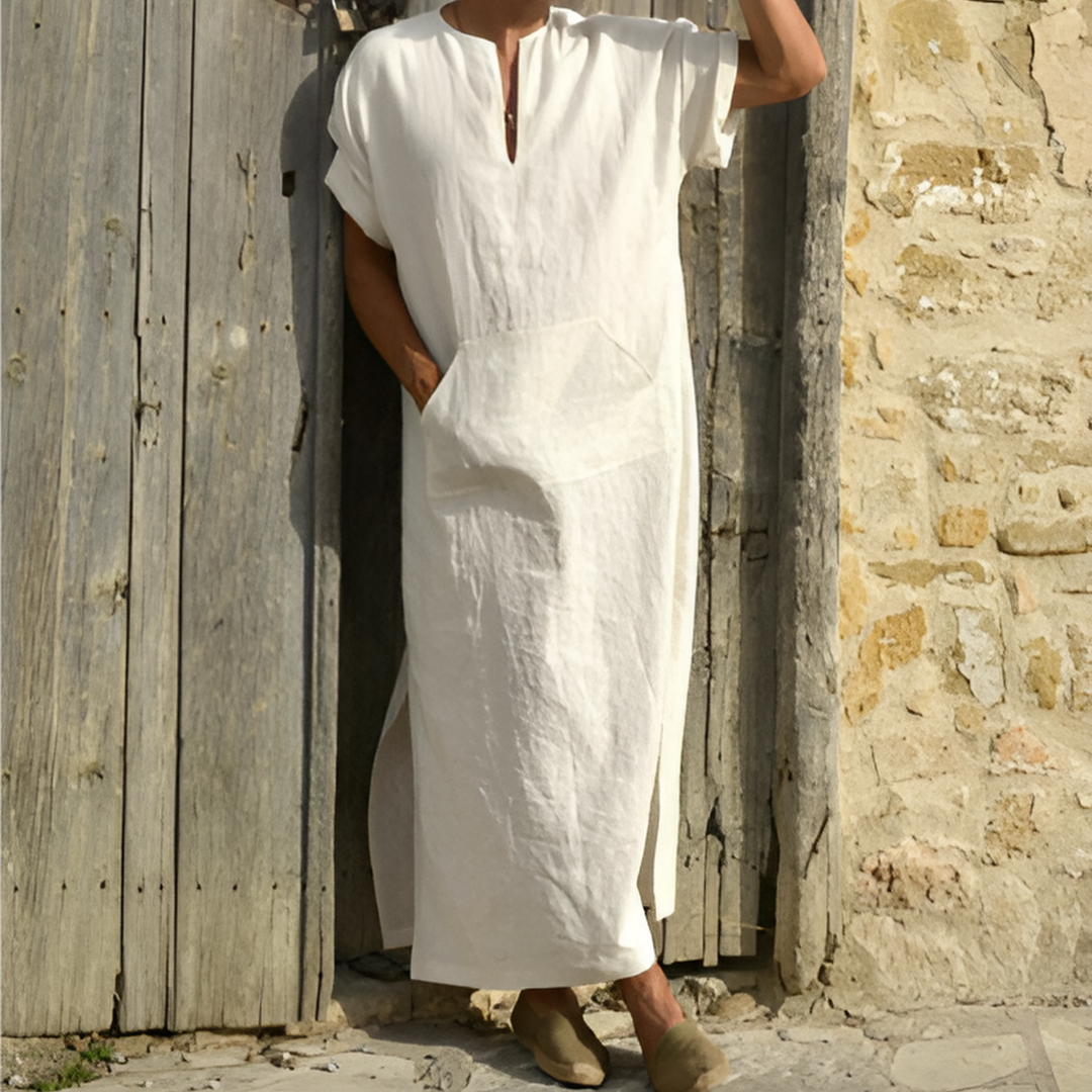 Men's long shirt dress – Loose fit – Breathable fabric – V-neck – Short sleeves
