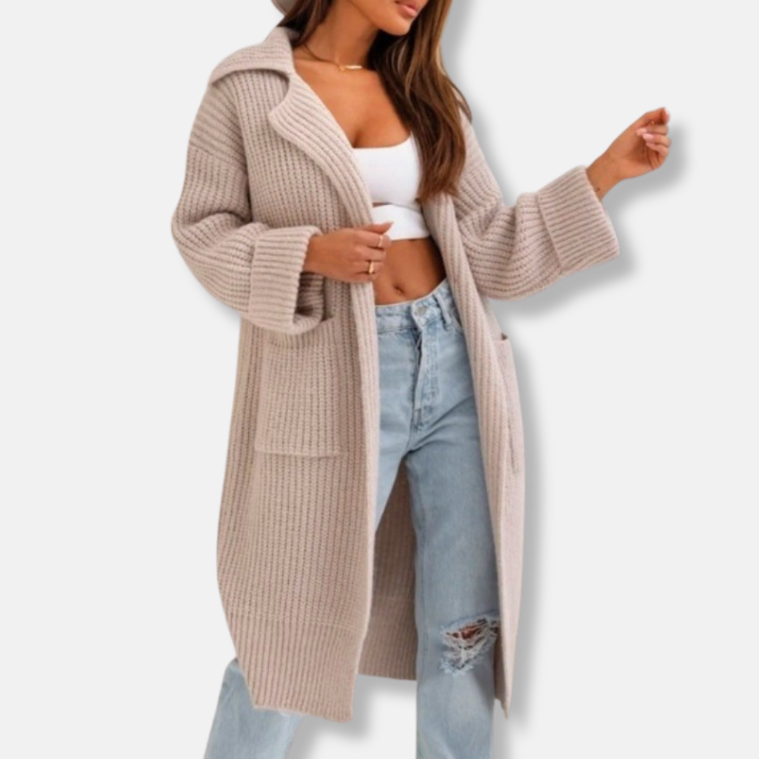 Women's Long Knitted Coat – Wool Blend – Oversized Fit – Hood and Pockets