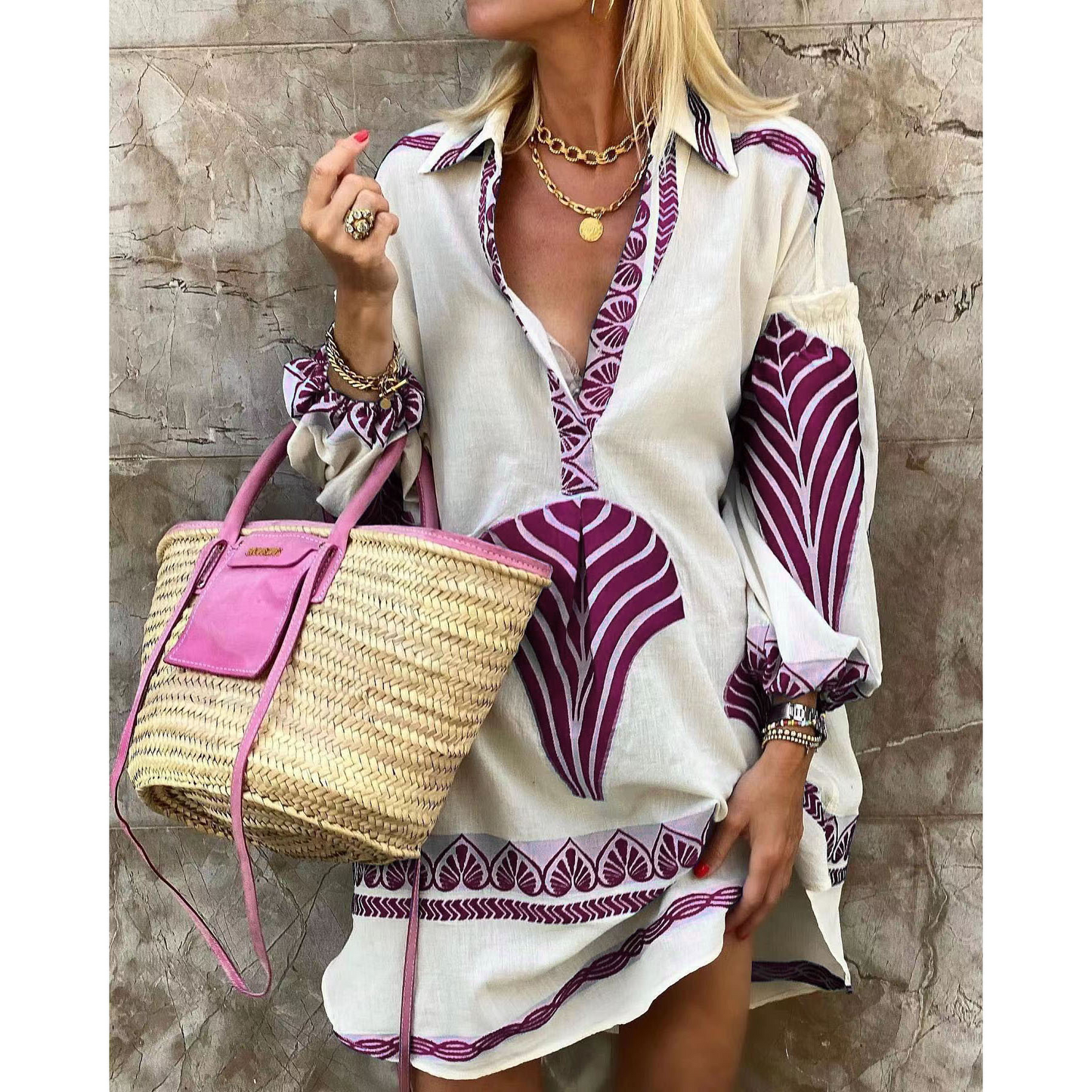 Women's mini dress – Flowing cut – Breathable fabric – Puff sleeves – V-neck