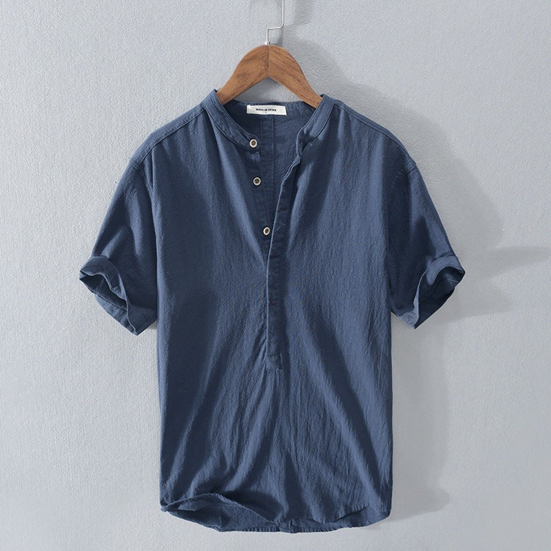 Men's short-sleeve shirt – Relaxed fit – Mao collar – Breathable natural fibers