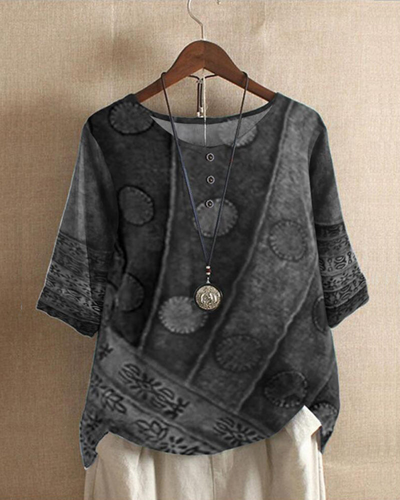 Blouse Femme Bohème – Coupe Ample – Fibres Naturelles – Manches 3/4 – Boutonnée