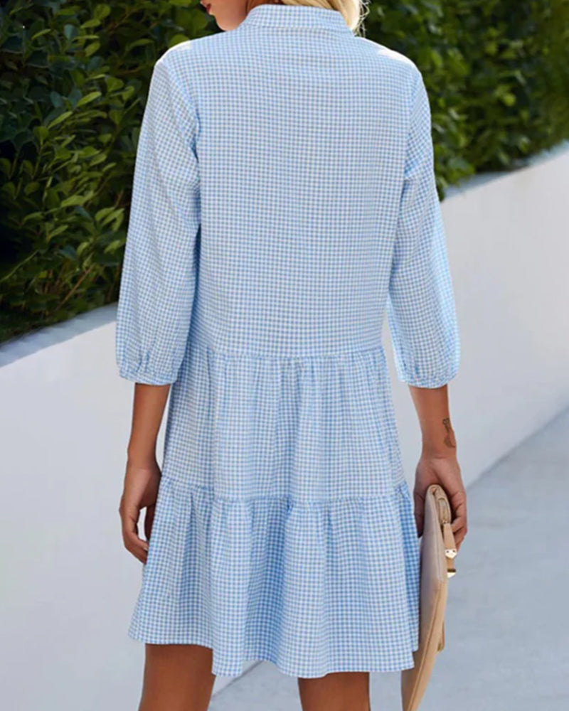 Women's A-Line Dress – Plaid Pattern – 3/4 Sleeves – Natural Fibers – Flounced Hem