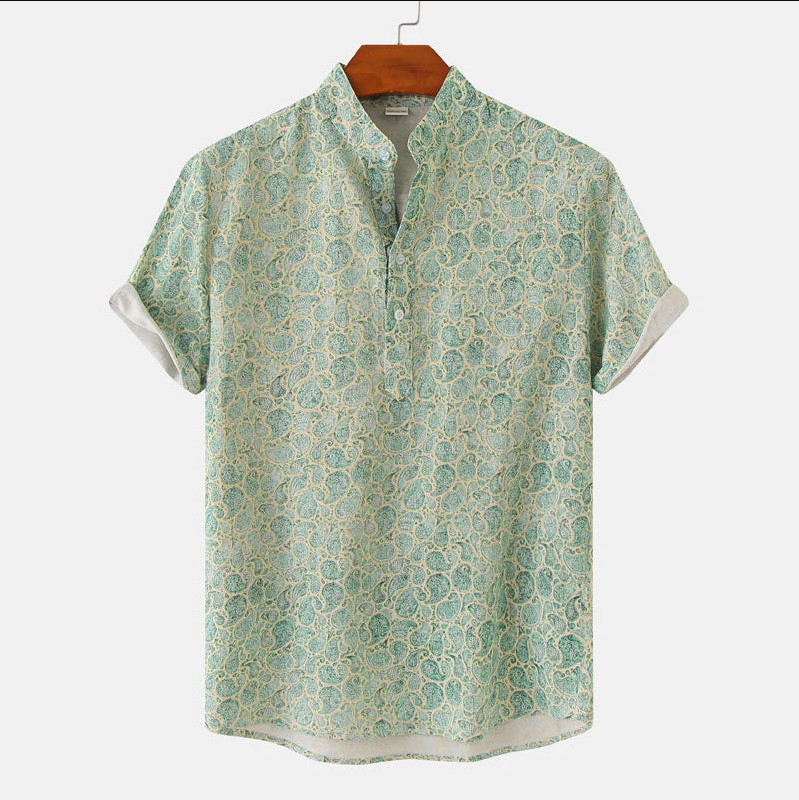 Men's short-sleeve shirt – Relaxed fit – Mao collar – Floral print – Breathable fabric