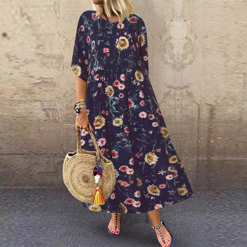 Women's long dress – Flowing cut – Floral pattern – Short sleeves – Breathable fabric