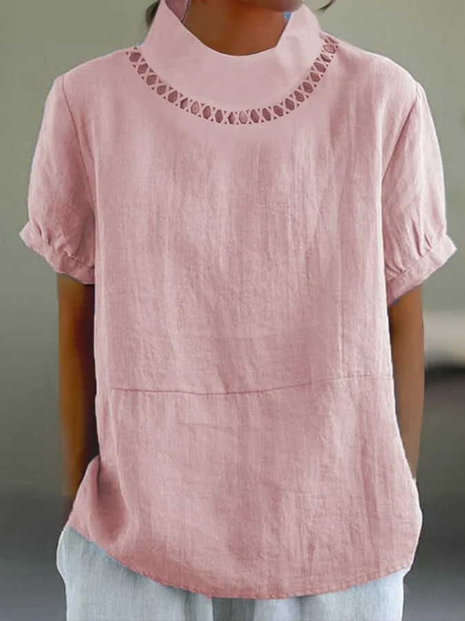Women's blouse – Relaxed fit – Cuffed short sleeves – Openwork collar – Breathable fabric