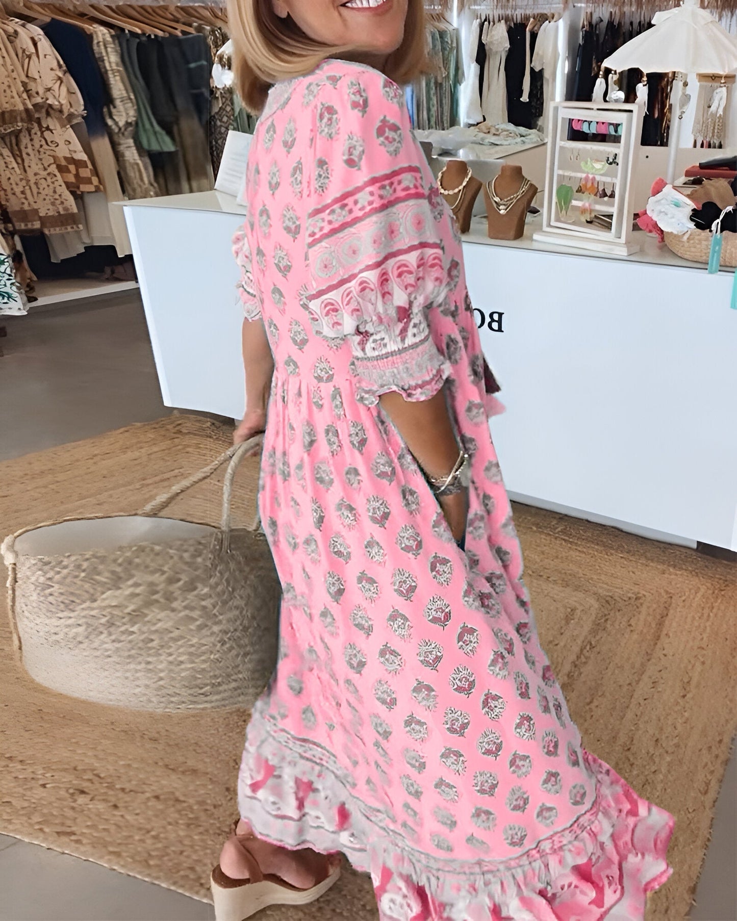 Women's long dress – Natural fibers – Fluid cut – Bohemian floral pattern – V-neck
