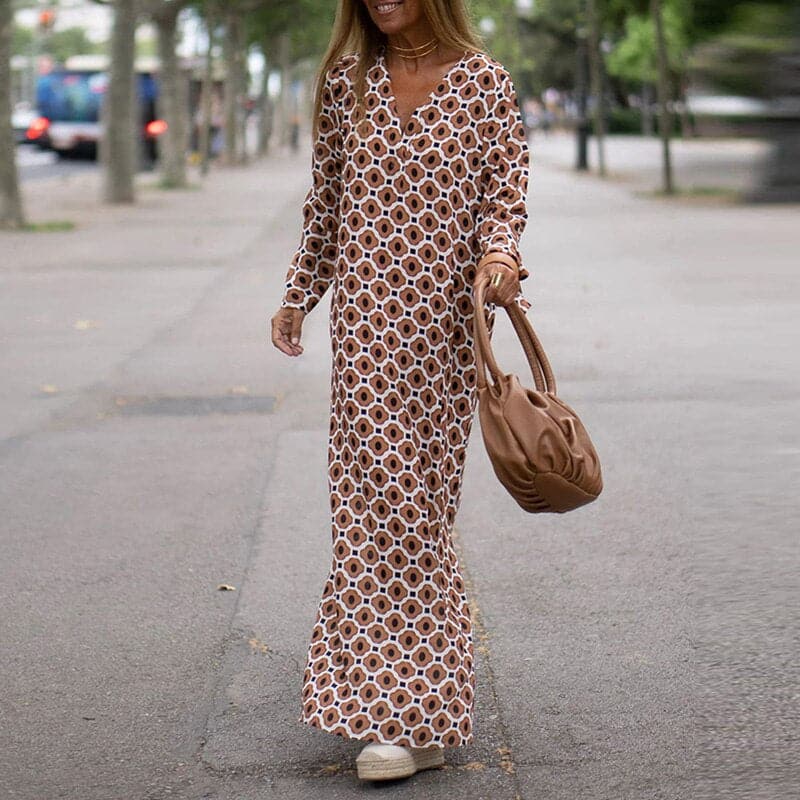 Women's long dress – Loose fit – Breathable fabric – Graphic pattern – V-neck