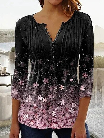Haut femme – Coupe décontractée – Imprimé fleuri – Manches 3/4 – Tissu respirant