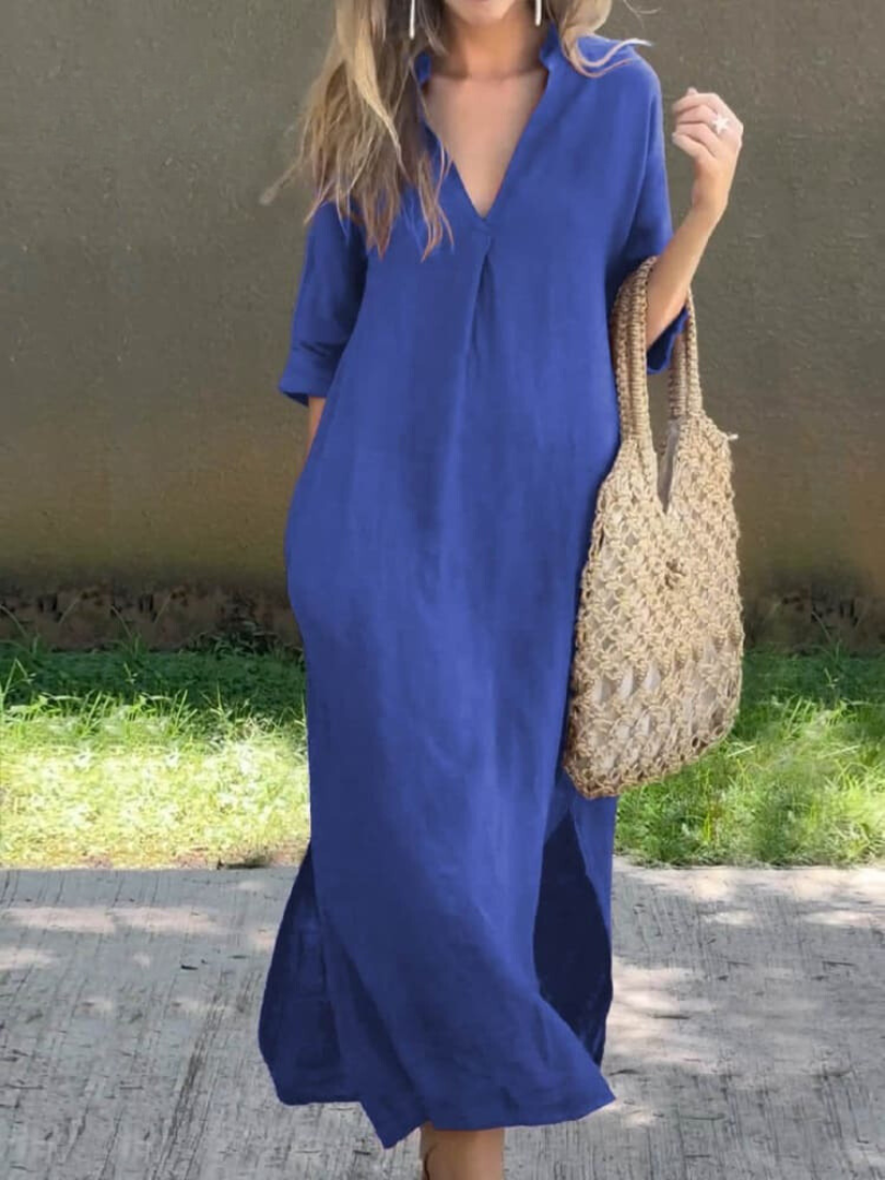 Robe midi femme – Coupe ample – Col en V – Manches mi-longues – Tissu coton respirant