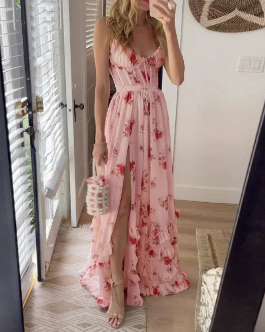 Robe midi femme – silhouette fluide – dentelle florale – fente élégante