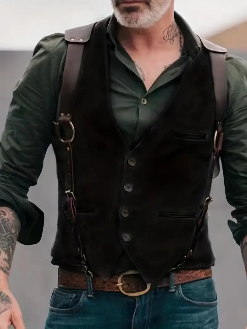 Men's vest – Slim fit – Textured fabric – V-neck – Leather details