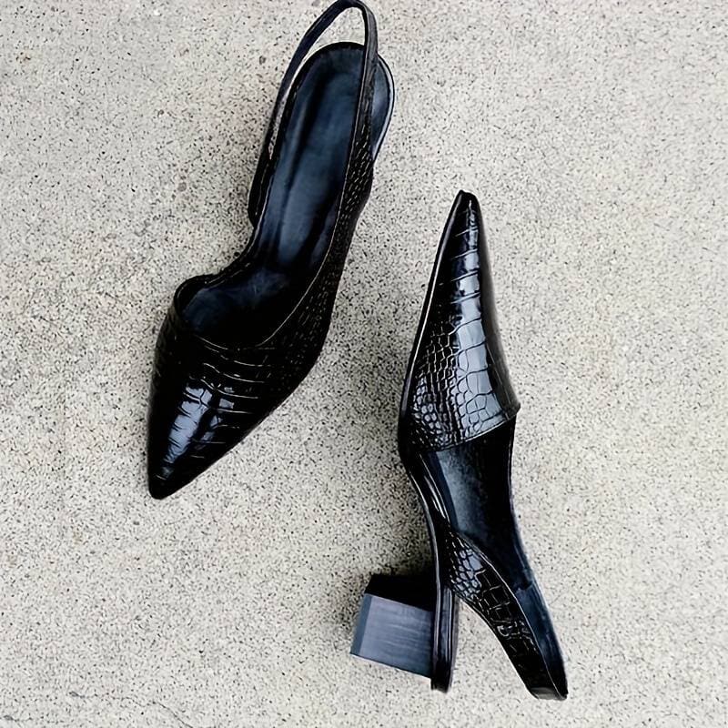 Women's slingback pumps – Medium block heel – Pointed toe – Elegant croc effect