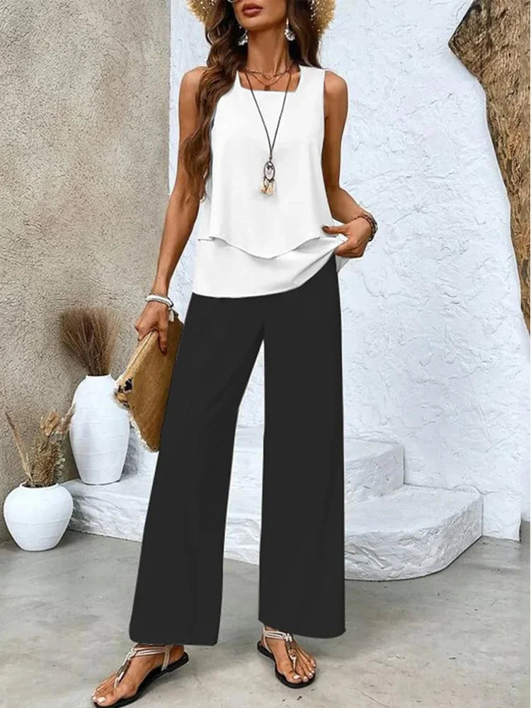 Women's Set – Sleeveless Top and Wide Leg Pants – Relaxed Fit – Breathable Fabric