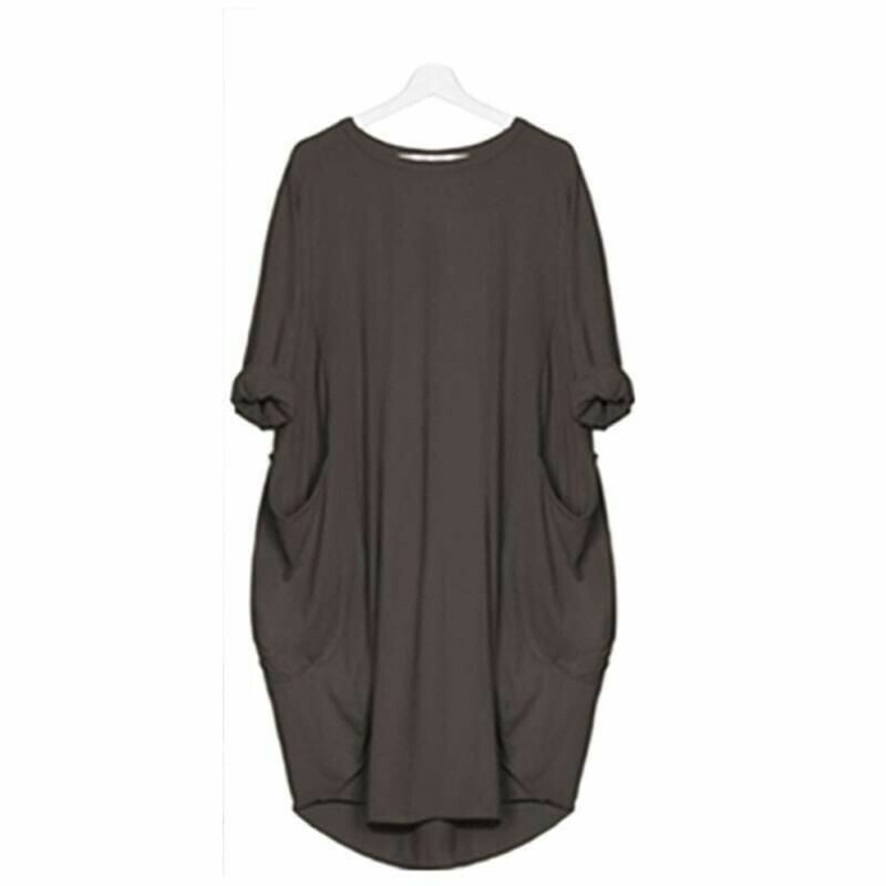 Women's Midi Dress – Loose Fit – Breathable Fabric – Round Neck – Side Pockets